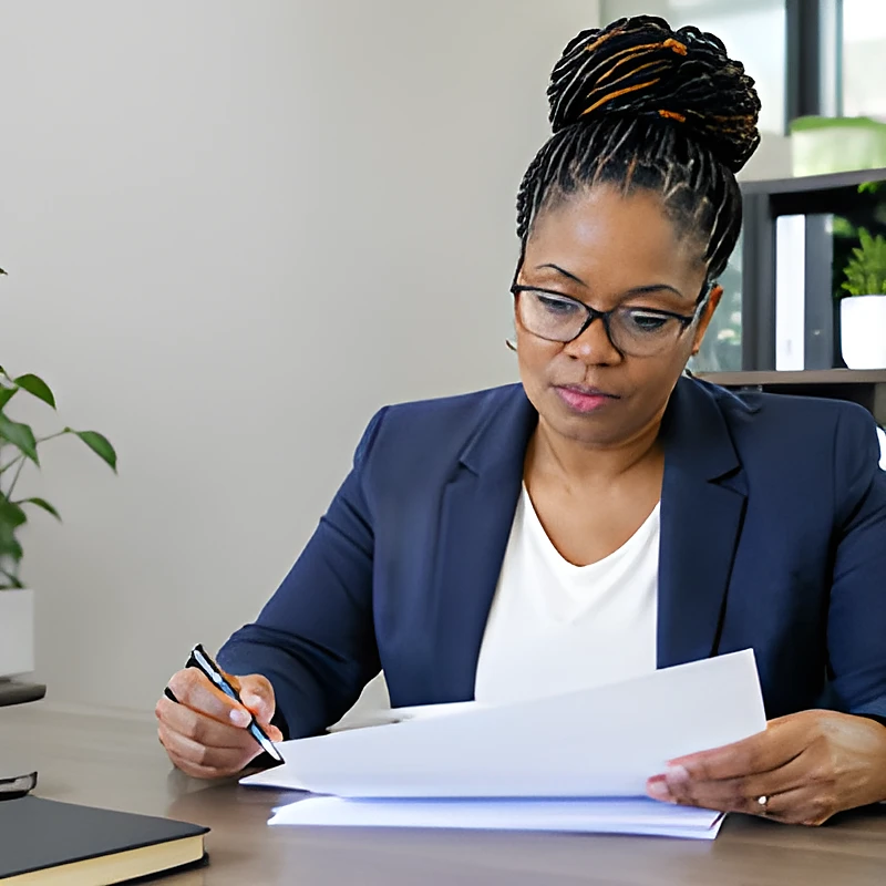 A notary in a navy blazer reviews a document at her desk