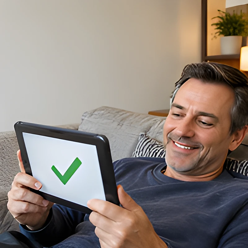 A smiling man sees a green confirmation checkmark on his tablet