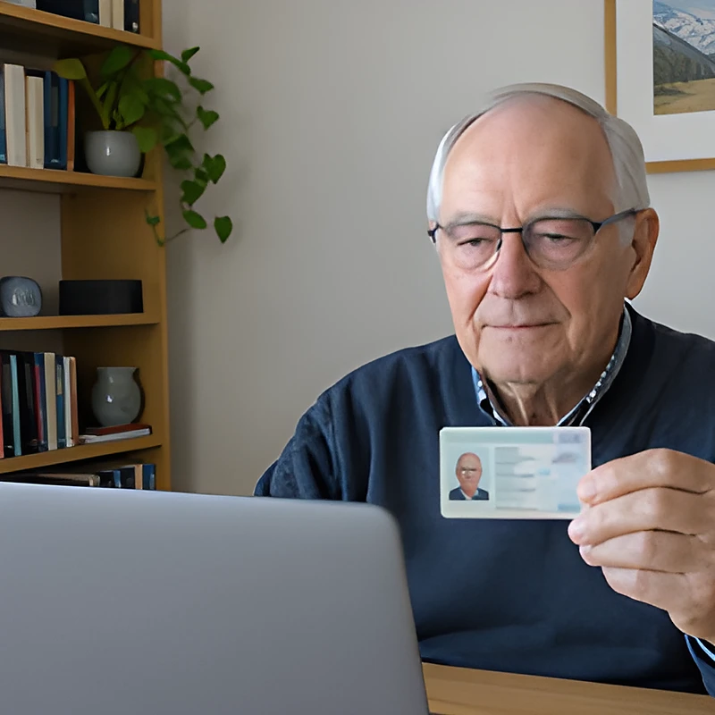 A senior man holds his driver's license up to his laptop camera for identity verification