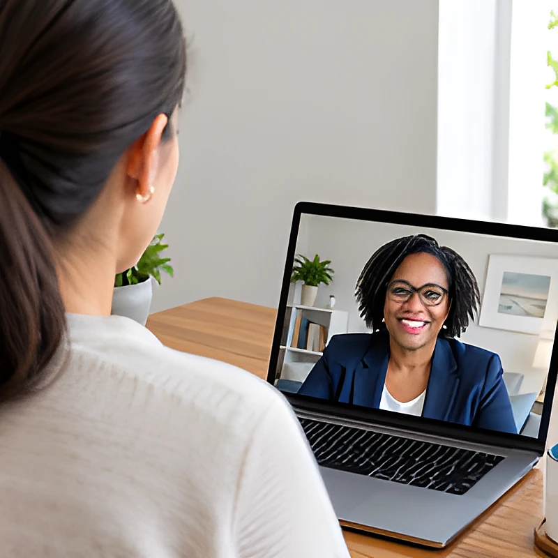 A woman meets a notary on a video call on her laptop