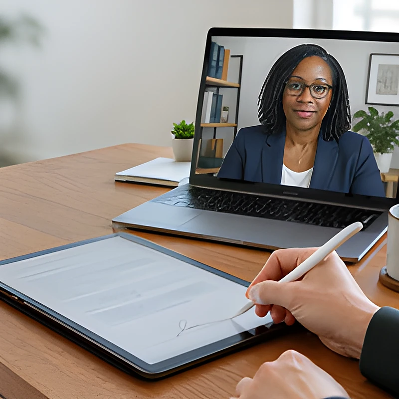 A hand signs an electronic document on a tablet with a stylus during a video call