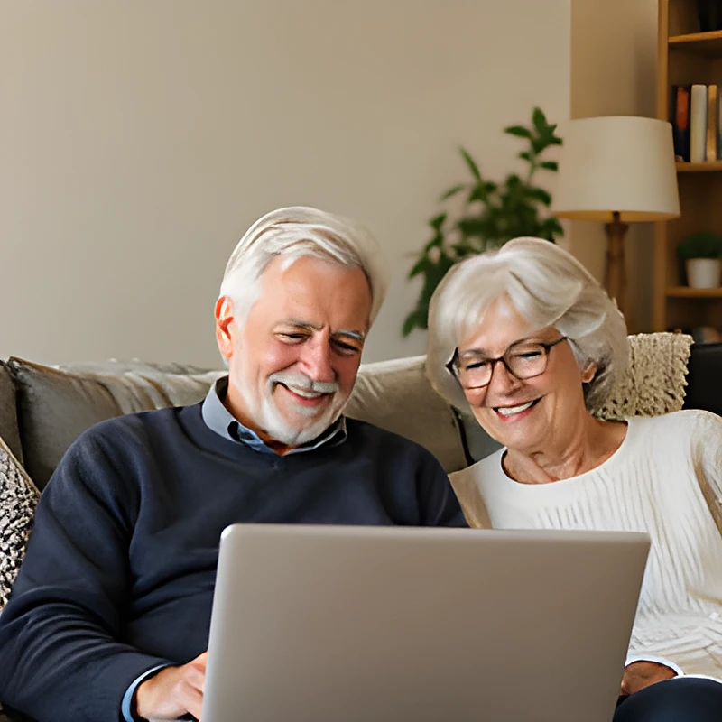 A smiling senior couple looks at their completed documents on a laptop
