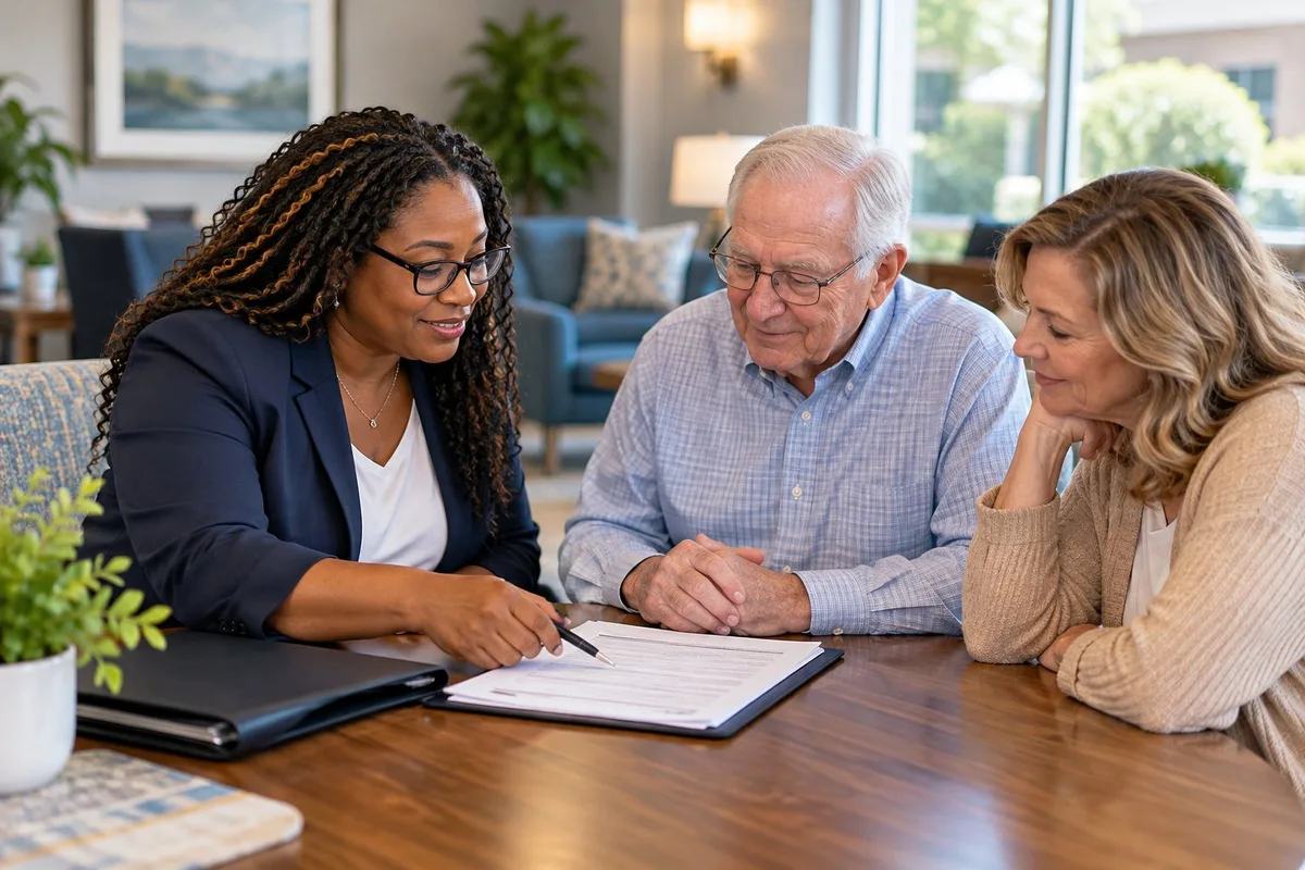 A notary going over a document with an older man and his daughter at a table
