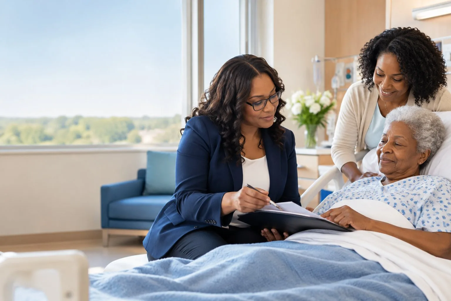 A notary helping an older woman with a document in her hospital bed while her daughter stands beside her