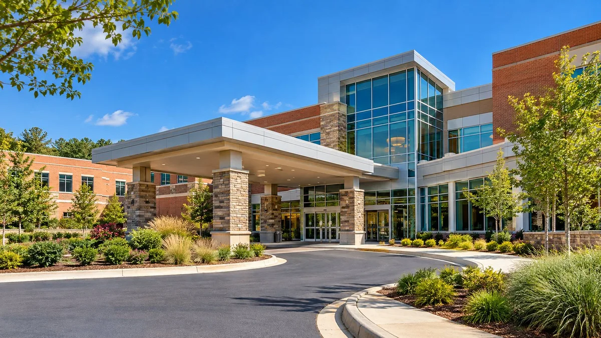 Illustration of a modern hospital entrance with a covered drop-off area