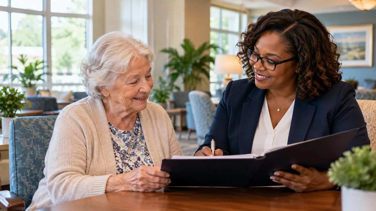 A notary reviewing a document with an older woman in a senior living lounge