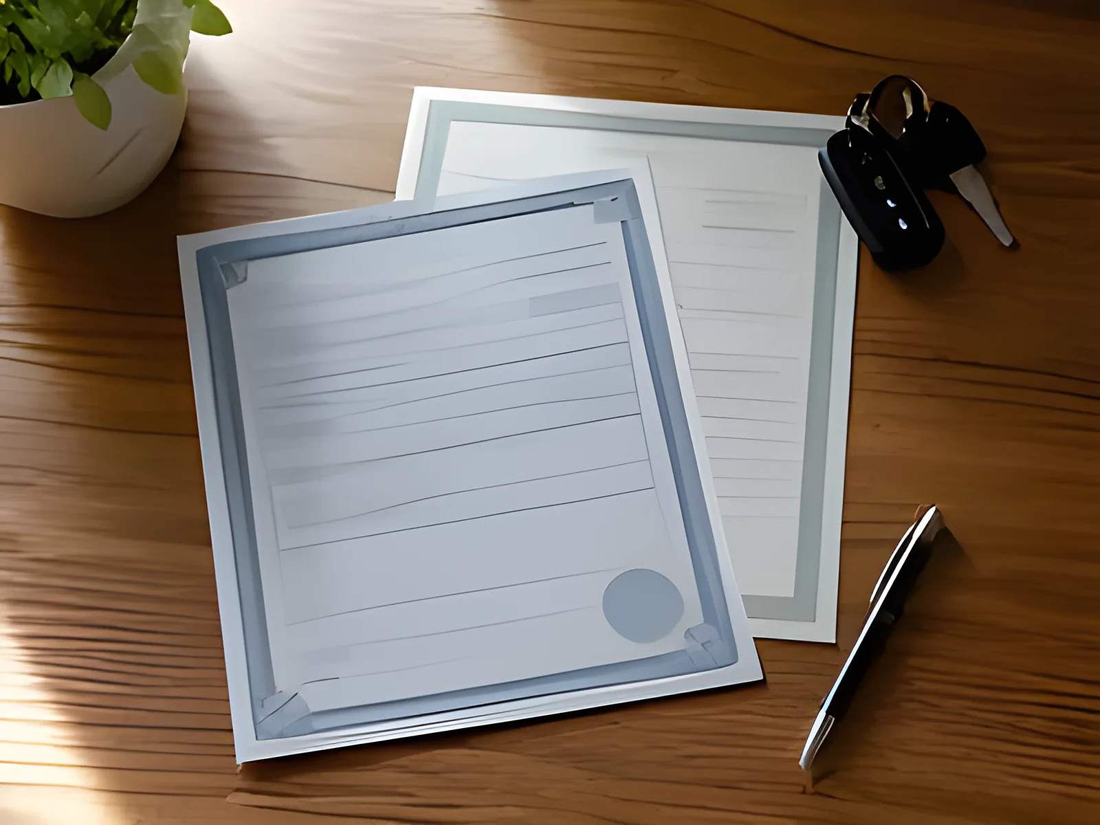 A vehicle title, odometer form, car keys and a pen on a table