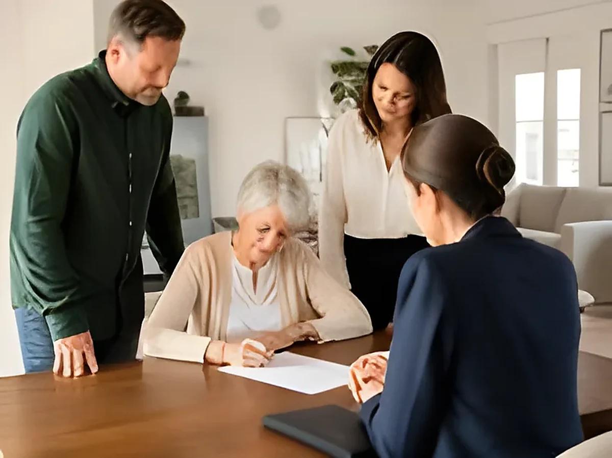 An older woman signs a document at a dining table while two witnesses watch and a notary sits across from her